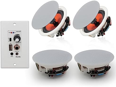 Herdio 6.5'' Bluetooth Ceiling Speakers 600W 2-Way Flush Mount Speakers System with Wall Amplifier Receiver for Home Theater Office (2 Pairs, Paintable-Grille)