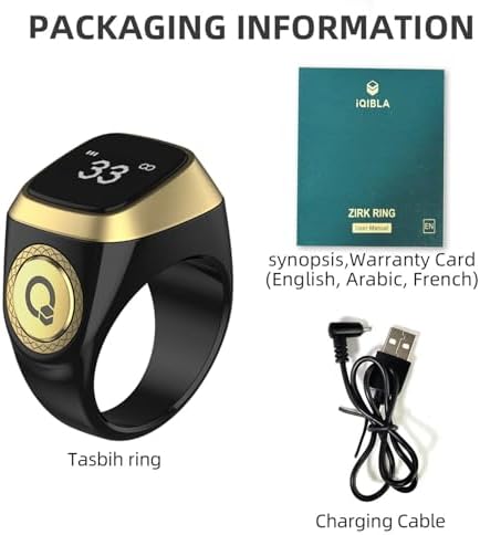 Smart Tasbih Zikr Ring, 20mm Muslim Digital Azan Alarm Clock, Tasbih Counter Smart Ring (Black)