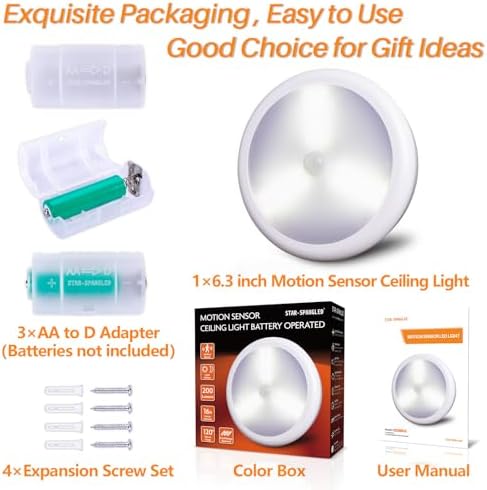 STAR-SPANGLED 6.3” Motion Sensor Ceiling Light Indoor AA/D Battery Operated