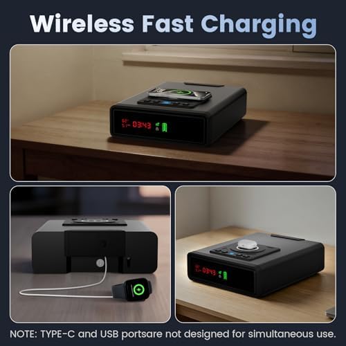 XDeer Biometric Gun Safe for Handgun with Wireless Charging, Quick Access Fingerprint Gun Safes, Bedside Pistol Case, 7/24 Digital Alarm Clock Small safe 1PCS