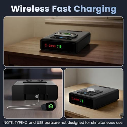 XDeer Biometric Gun Safe for Handgun with Wireless Charging, Quick Access Fingerprint Gun Safes, Bedside Pistol Case, 7/24 Digital Alarm Clock Small safe 1PCS