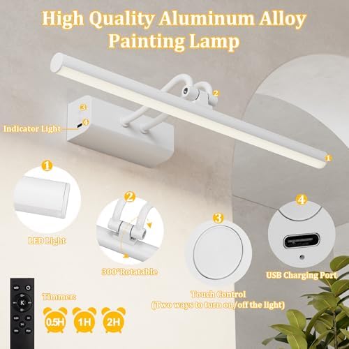 Battery Operated Picture Light for Wall, RF Remote Control, White