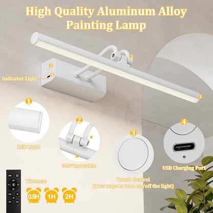 Battery Operated Picture Light for Wall, RF Remote Control, White