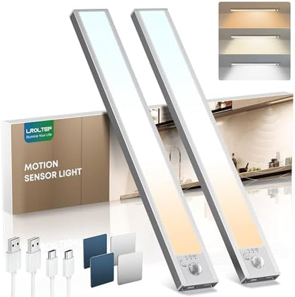 LROLTEF Under Cabinet Lights Wireless, 2 Pack 11.8 inch 1500mAh 3000K 4000K 6500K 3 Color Temps Dimmable Motion Sensor Light Indoor, Rechargeable LED Under Counter Lights for Kitchen, Stairs, Closet