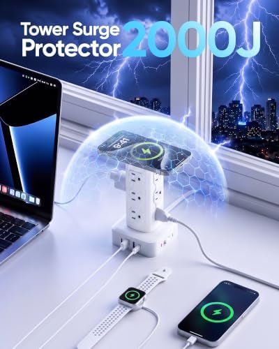 Power Strip Tower Surge Protector(2000J), PD65W Charging Station Tower with 12 AC Outlets & 8 USB Ports (4 USB C), 6FT Extension Cord for Home Office Dorm, White