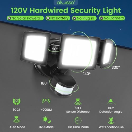 ALUSSO Motion Sensor Outdoor Lights, 40W 4000LM Flood Lights Outdoor 120V