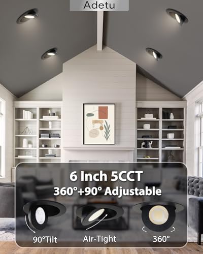 Adetu 4 Pack 6 inch 5CCT Black LED Eyeball Gimbal Recessed Light, Dimmable