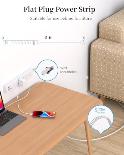 2 Pack Power Strip, Extension Cord 5FT, Surge Protector with 6 Outlets and 4 USB Ports (2 USB C), Flat Plug Overload Protection, Extension Cord with Multiple Outlets, Wall Mount for Home Dorm College