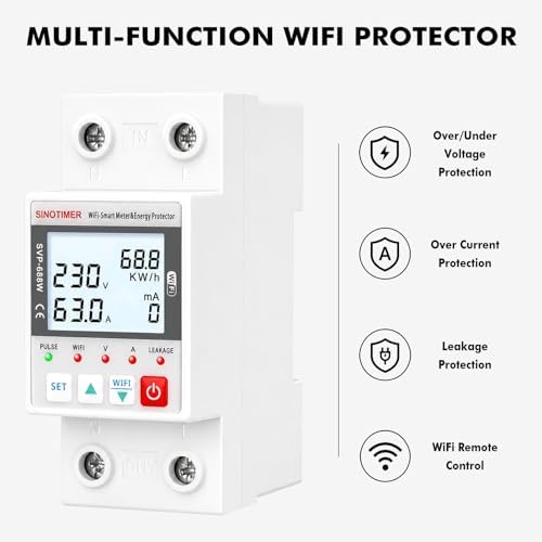 WiFi Smart Energy Meter AC 63A 220VAC, WiFi Earth Leakage Over Under Voltage Protector, Circuit Breaker Din Rail, Electricity Energy Monitor APP Remote Control Smart Life