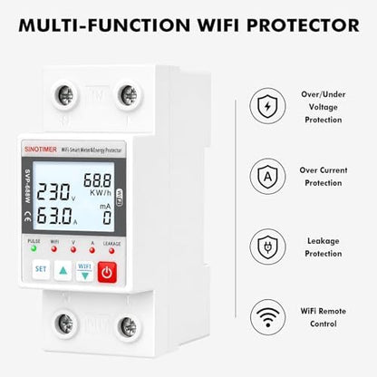 WiFi Smart Energy Meter AC 63A 220VAC, WiFi Earth Leakage Over Under Voltage Protector, Circuit Breaker Din Rail, Electricity Energy Monitor APP Remote Control Smart Life