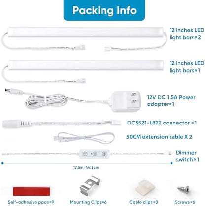 Litever Under Cabinet Lights Plug in, 3 pcs 12 Inches LED Light Strip Bars. Super Bright Dimmable Linkable for Kitchen Under Cabinets Shelf Work Space Desk Closet Lighting. Daylight 5000K