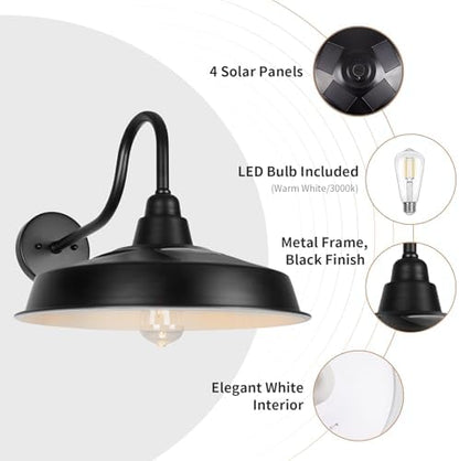 Solar Barn Light Outdoor, 16 Inch Dome Wall Light Solar Powered, Farmhouse Exterior Wall Sconce, Industrial Outside Lighting Fixture, Rustic Lantern for Garage, Barn, Shed, RZSR020W