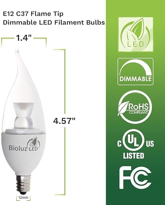 Bioluz LED Light Bulb 40W Candelabra LED Bulbs w/Flame Tip, Dimmable12 Base Candle Light Bulbs 2700K Warm White LED Light Bulb for Indoor/Outdoor Use FCC and UL Listed 6 Pack