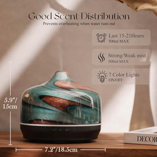 Porseme 500ml Glass Essential Oil Diffuser Aromatherapy Ultrasonic Cool Mist Humidifier 15-21 Running Hours Waterless Auto-Off Air Diffusers for Sleeping Yoga Working Spa(Teal Green)