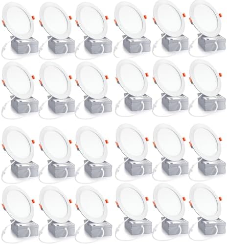 24 Pack 6 Inch LED Recessed Lights with Junction Box - 6000K Daylight, 12W 110W Eqv, Canless Wafer Slim Panel Downlight, 1080LM High Brightness