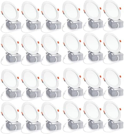 24 Pack 6 Inch LED Recessed Lights with Junction Box - 6000K Daylight, 12W 110W Eqv, Canless Wafer Slim Panel Downlight, 1080LM High Brightness