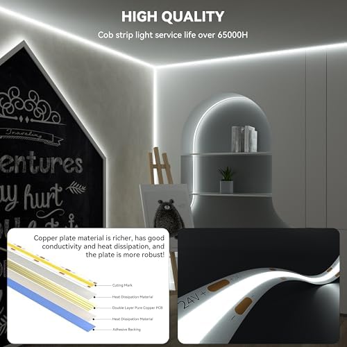 PAUTIX COB LED Strip,Dimmable Vanity Lights,Daylight White 6000K Super Brighten LED Tape Lights,CRI93+ High Lumen,Compatible with Alexa/Google Assistant,for Home, Kitchen,Under Cabinet