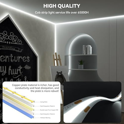 PAUTIX COB LED Strip,Dimmable Vanity Lights,Daylight White 6000K Super Brighten LED Tape Lights,CRI93+ High Lumen,Compatible with Alexa/Google Assistant,for Home, Kitchen,Under Cabinet