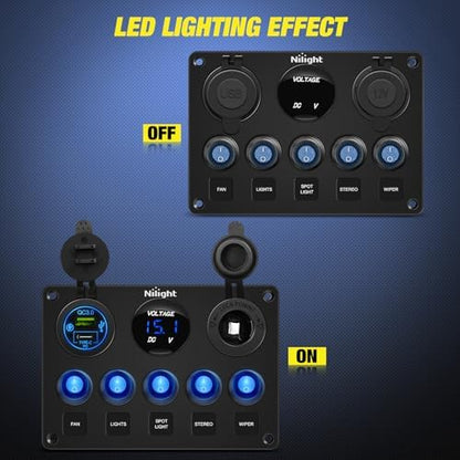 Nilight 5 Gang Multi Function Switch Panel Waterproof Pre-Wired