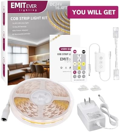 EMITEVER Warm White COB Strip Light Kit 3000K,16.4ft 2400LEDs,24V Dimmable
