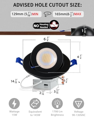 Adetu 4 Pack 6 inch 5CCT Black LED Eyeball Gimbal Recessed Light, Dimmable