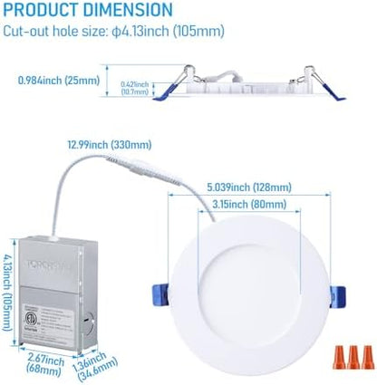 TORCHSTAR 12-Pack 4 Inch Ultra-Thin LED Recessed Light, CRI90 9W, 3000K