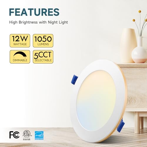 ECOELER 6 Inch 5CCT LED Recessed Ceiling Light with Night Light, 12W 1050Lm Slim Canless Wafer Downlight, Dimmable & 5 Color Selectable Recessed Lighting, ETL&FCC Listed