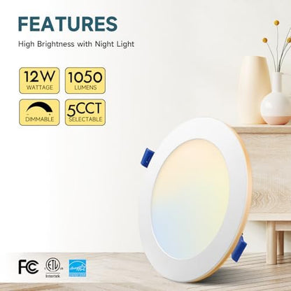 ECOELER 6 Inch 5CCT LED Recessed Ceiling Light with Night Light, 12W 1050Lm Slim Canless Wafer Downlight, Dimmable & 5 Color Selectable Recessed Lighting, ETL&FCC Listed