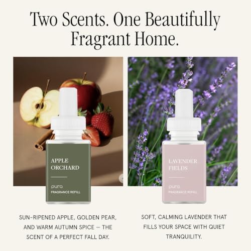 Pura Smart Home Fragrance Device Starter Set - Pura 4 - Scent Diffuser for Home - Includes Fragrance Aroma Diffuser - Square Box, Apple Orchards and Lavender Fields Scent Refills