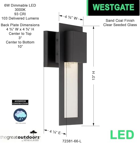 The Great Outdoors 72381-66-L Westgate Outdoor Wall Mount, 1-Light, 6 Total Watts, 4.75-in H x 13-in W, Sand Coal Black
