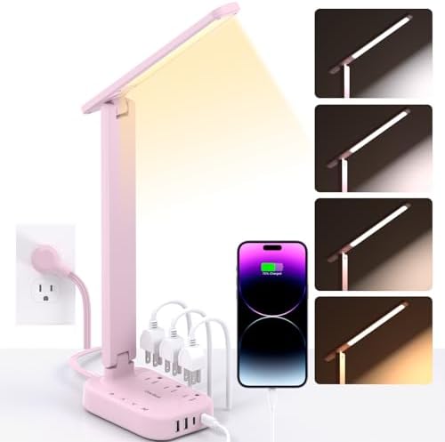 LED Desk Lamp, Power Strip with 4 USB 3 Outlets, Dorm Room Essentials, Pink