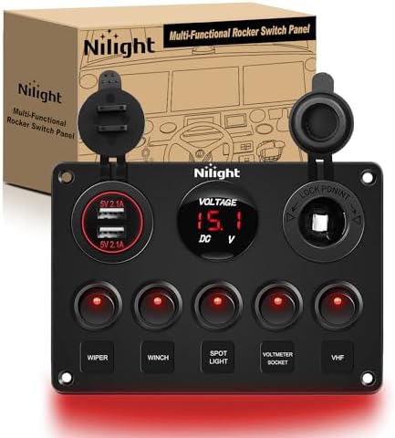 Nilight 5 Gang Multi-Function Rocker Switch Panel On Off SPST Toggle | 12V 12V/20A 24V/10A Dual USB Charger LED Voltmeter Cigarette Lighter for LED Light Bar Rear Rock Lights Trucks RV Boats 4X4 Red