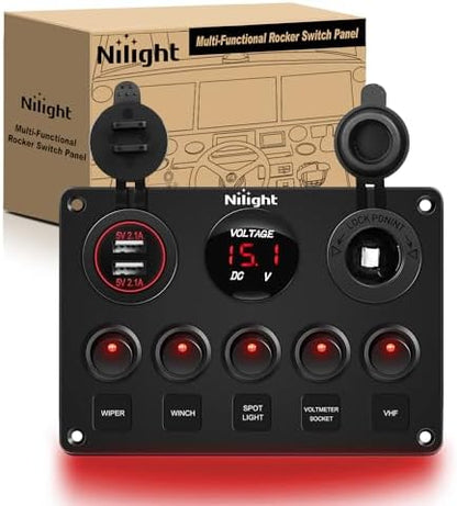 Nilight 5 Gang Multi-Function Rocker Switch Panel On Off SPST Toggle | 12V 12V/20A 24V/10A Dual USB Charger LED Voltmeter Cigarette Lighter for LED Light Bar Rear Rock Lights Trucks RV Boats 4X4 Red
