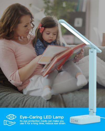 LED Desk Lamp, Power Strip with 4 USB 3 Outlets, Dorm Room Essentials, Blue