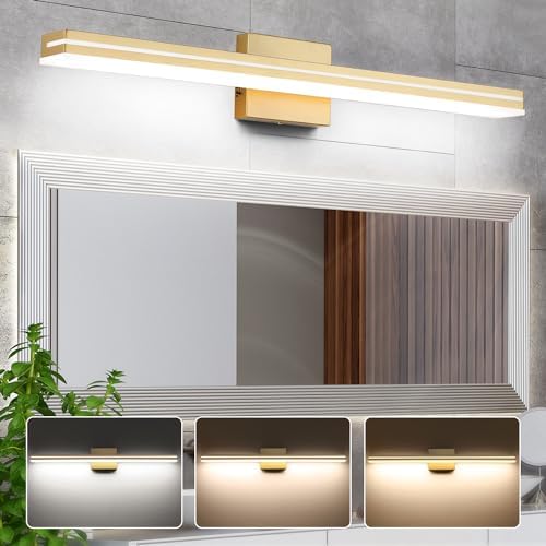 SineRise LED Modern Bathroom Vanity Light Fixtures (32-Inch, 3000K/4000K/6000K, Dimmable), Gold Modern Acrylic Bathroom Wall Lighting Fixtures Over Mirror
