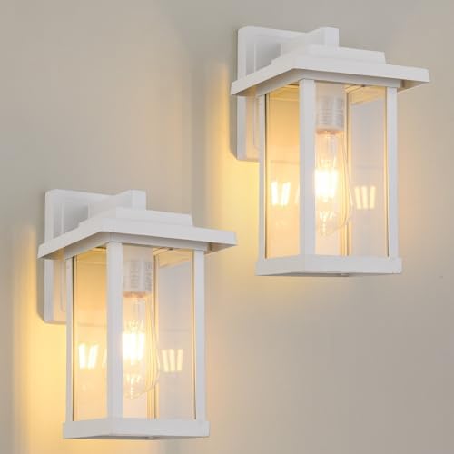 2 Pack Outdoor Wall Sconce White Exterior Wall Lights in Clear Glass