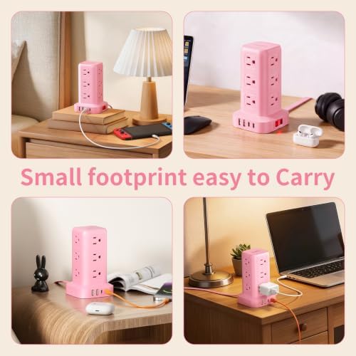 Extension Cord with Multiple Outlets, SMALLRT Power Strip Tower, Outlet Extender with 12 AC Outlets 4 USB, 6.5FT Extension Cord for Home Dorm Room, Office Supplies, Pink