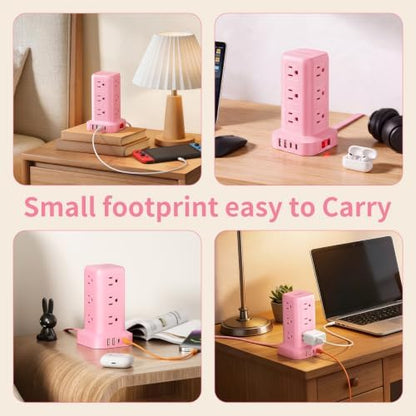 Extension Cord with Multiple Outlets, SMALLRT Power Strip Tower, Outlet Extender with 12 AC Outlets 4 USB, 6.5FT Extension Cord for Home Dorm Room, Office Supplies, Pink