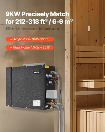 VEVOR Steam Generator, 9 kW Steam Shower System with Controller for Home Sauna & Spa, Commercial Auto Drain Kit with Overheat, Dry-Run & Overpressure Protection, 10min to 24h Timer, Black