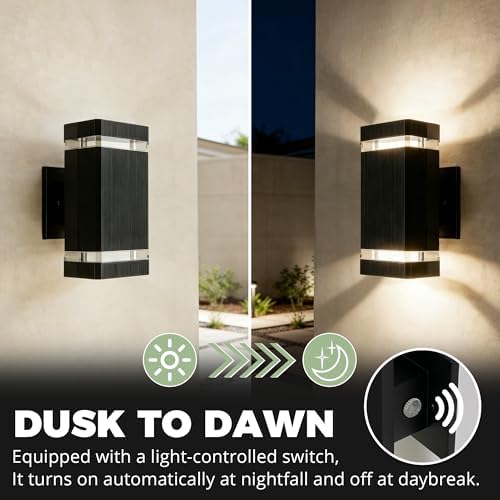 JYV Dusk to Dawn Square Outdoor Wall Lights, Up and Down Porch Lights,Black