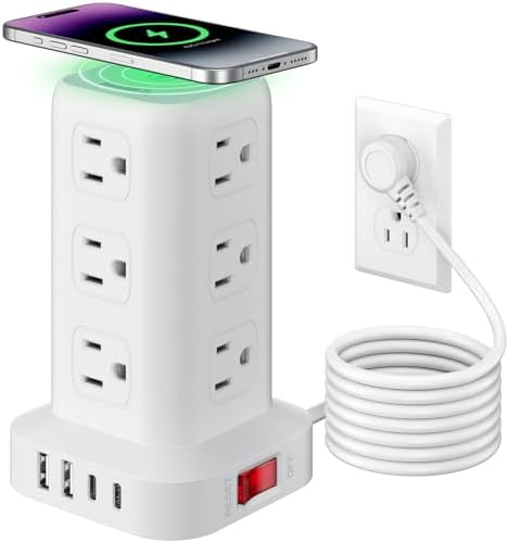 Extension Cord with Multiple Outlets, SMALLRT Power Strip Tower, Outlet Extender with 12 AC Outlets 4 USB, 6.5FT Extension Cord for Home Dorm Room, Office Supplies,Overload Protection