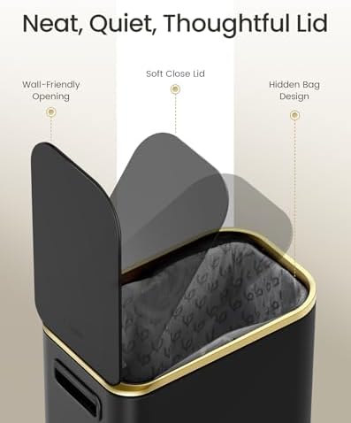 Cesun Small Bathroom Trash Can with Gold Grimmed Lid & Pedal, 1.3Gal, Black
