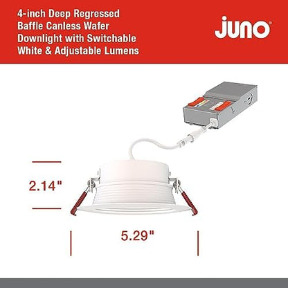 Juno 4" Canless Wafer LED Light, 5-in-1 CCT, Deep Regressed Baffle Trim