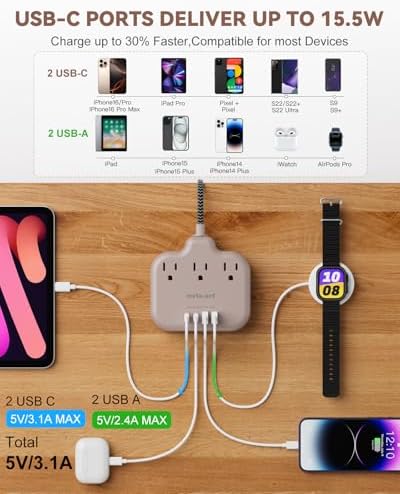 Brown Extension Cord with USB C - 5 FT Flat Braided Extension Cord with 3 Outlets & 4 USB Ports (2 USB-C), 1625W Tan Cord for Brown Tan Wood Walnut Grain Desk Accessories