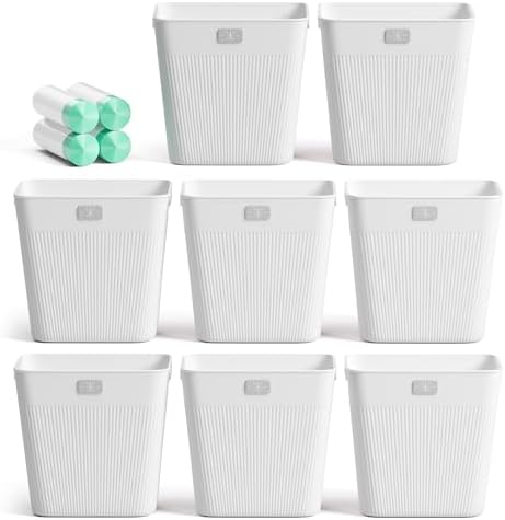 JOYMOOP Slim Trash Can 8-Pack, 2.2 Gallon Plastic Wastebasket for Bathroom, Bedroom, Office, Kitchen with 4 Rolls Bags, White