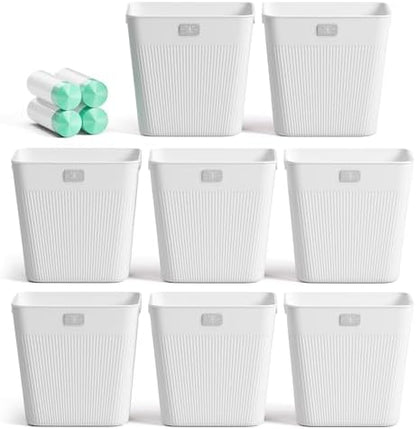 JOYMOOP Slim Trash Can 8-Pack, 2.2 Gallon Plastic Wastebasket for Bathroom, Bedroom, Office, Kitchen with 4 Rolls Bags, White