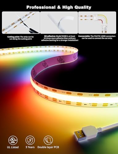 PAUTIX RGB Smart IC USB LED Light,5V RGB COB LED Strip USB Powered,UL-Listed Multicolor Flexible Tape Light 6.56ft/2m with Music Mode/APP Control,for TV,Scooter,Computer Desk Decor