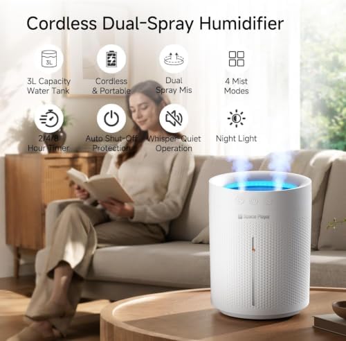 Space Player 3L Cordless Quiet Cool Mist Humidifier for Bedroom, Dual Mist