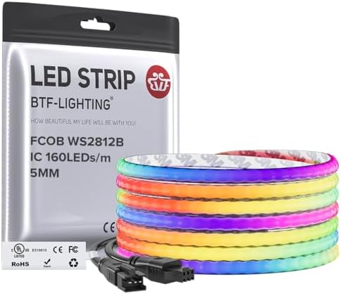 BTF-LIGHTING FCOB COB WS2812B IC RGB LED Strip DC5V 13.1FT 640LED 5mm IP30