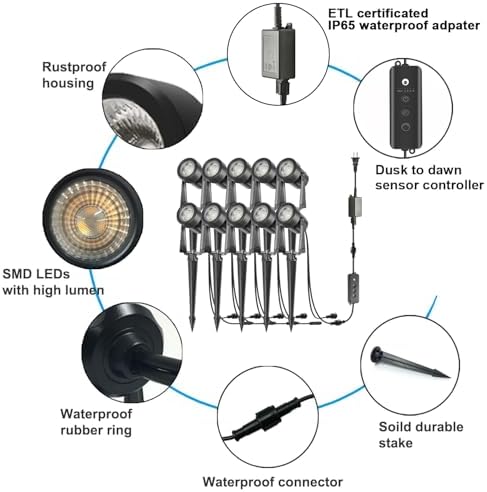 SUNTHIN 10 Pack Landscape Lights with Dusk to Dawn Sensor Controller